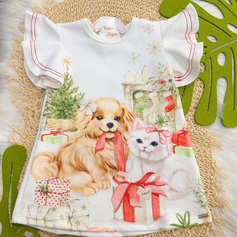 Vestido Natal Cachorrinha e Gatinha com Presentes - Off White